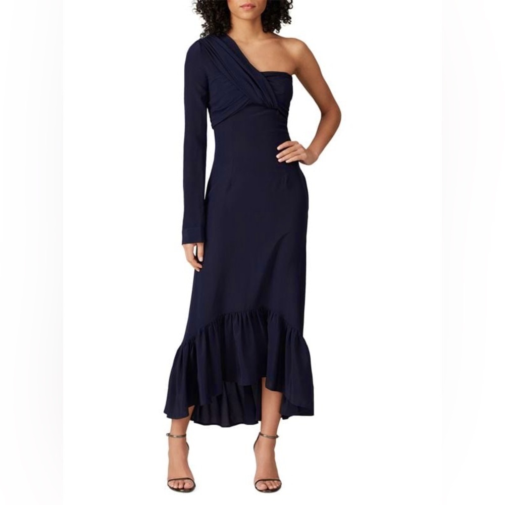 ROKH Women’s One Shoulder Midi Sheath Dress Ruffle Hem Navy Blue Size FR 40 - Picture 1 of 7